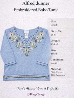 Alfred Dunner Embroidered Boho Tunic Top Blue Floral Small
